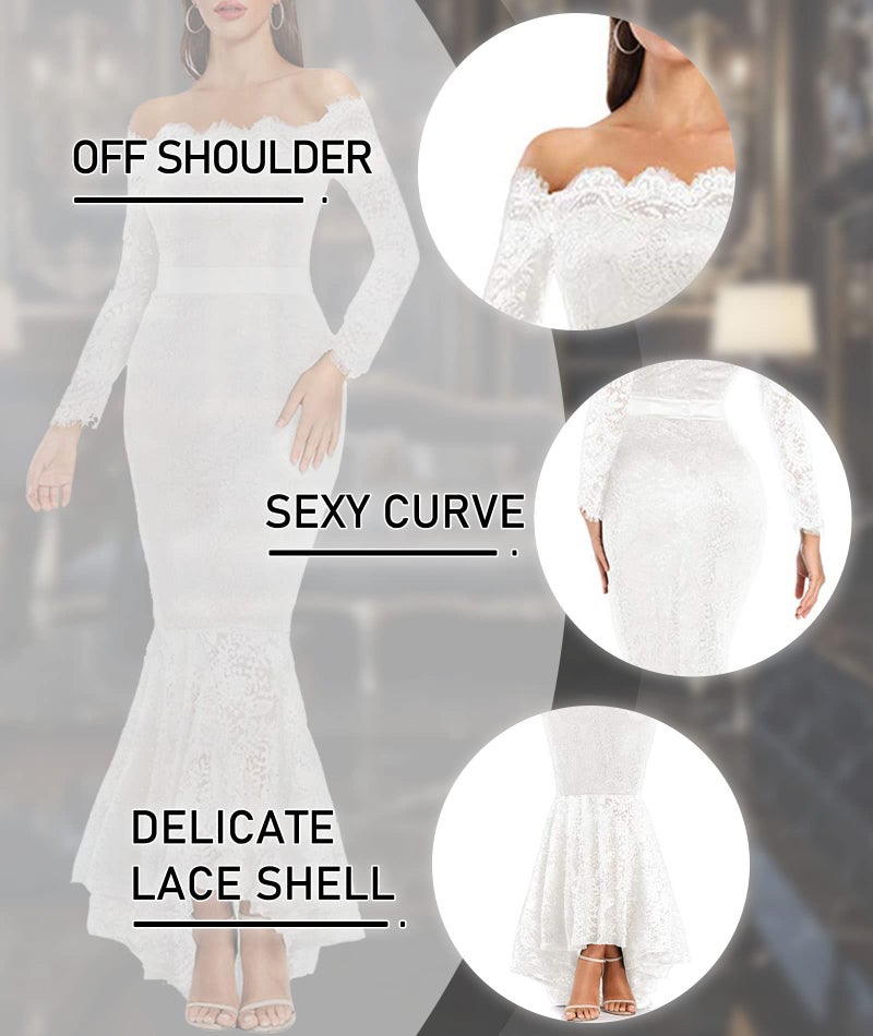 LALAGEN Women's Floral Lace Long Sleeve Off Shoulder Wedding Mermaid Dress White XXL - Image 5